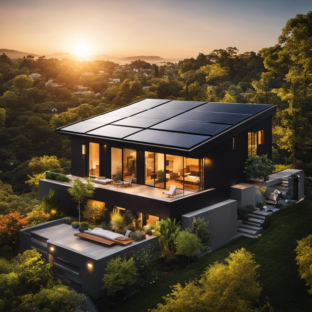 An image focusing on a residential rooftop adorned with a multitude of sleek, black solar panels, surrounded by vibrant greenery and bathed in the warm, golden glow of the sun, representing the cost of converting an average residence to solar energy