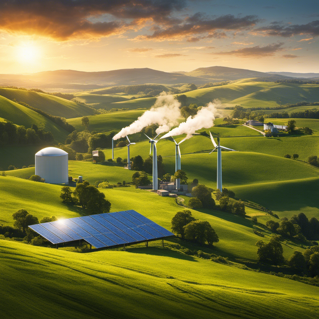 An image showcasing a serene countryside landscape with a modern geothermal power plant nestled among rolling hills, featuring steam rising from the ground, solar panels, and a wind turbine in the distance