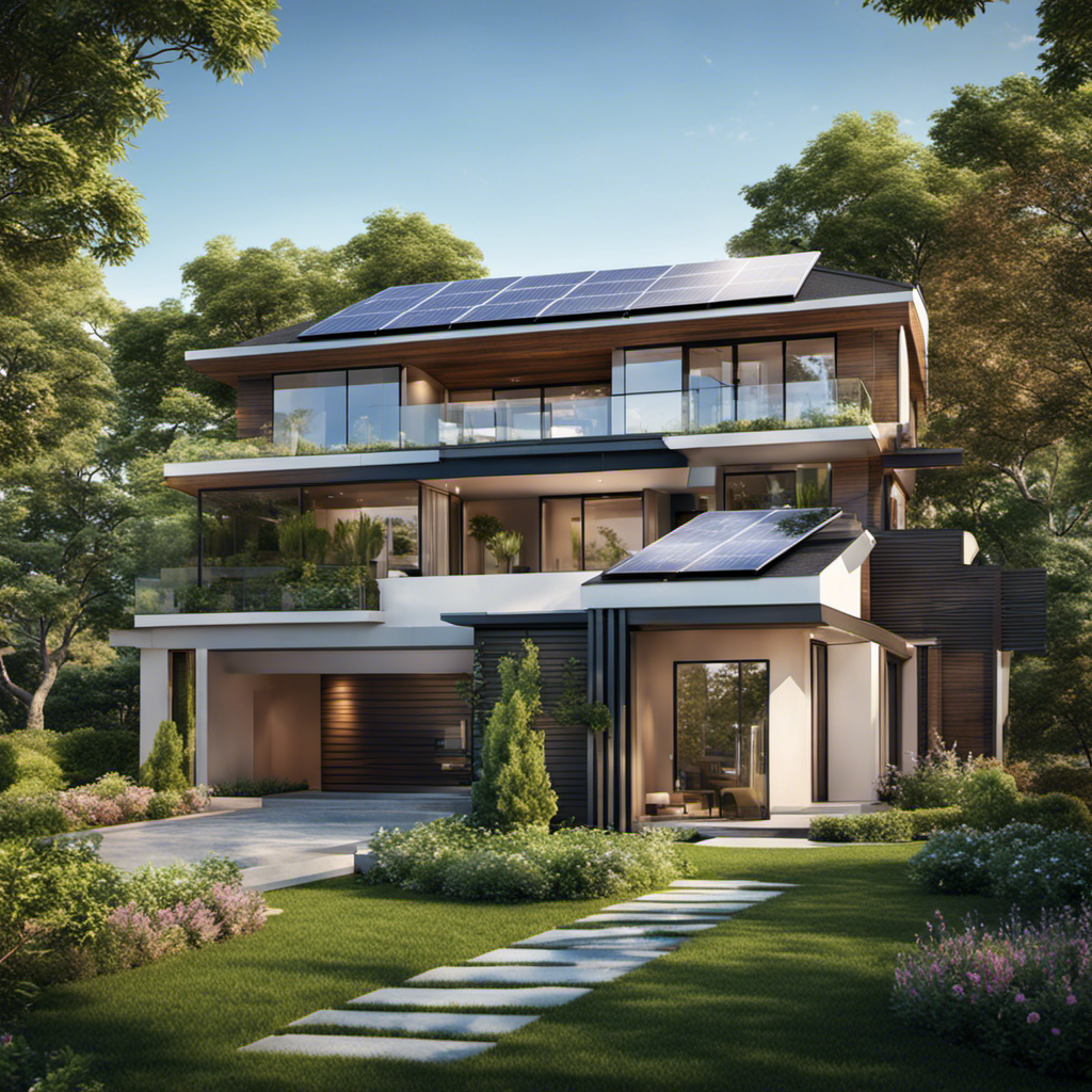 An image showcasing a modern suburban house with solar panels on the roof, surrounded by lush green landscaping