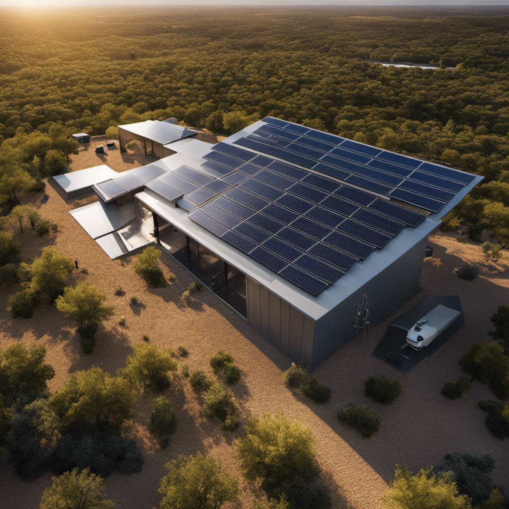 An image showcasing a sprawling Texan landscape with a modern solar energy storage system seamlessly integrated into the surroundings
