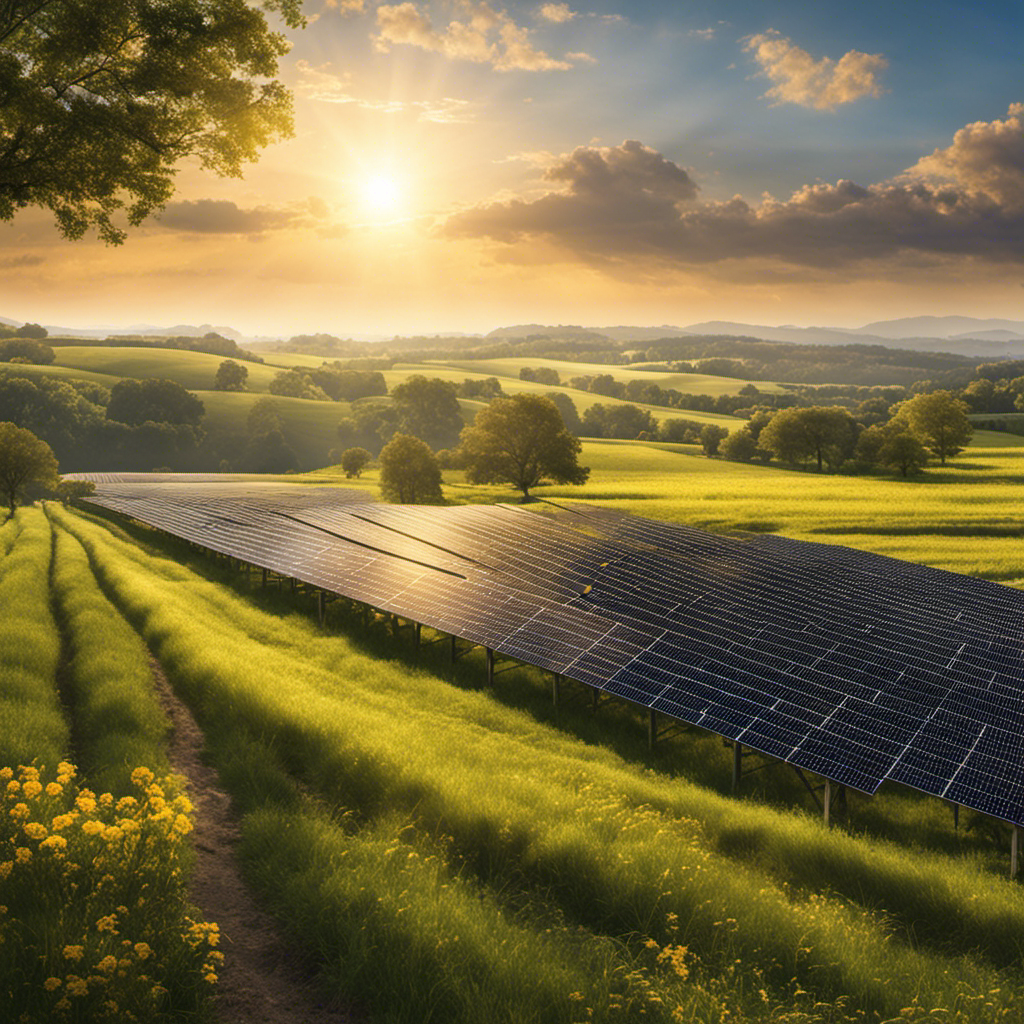 An image showcasing a serene landscape with a sunlit field, where the sun's rays cast varying intensities of light on solar panels, highlighting the dynamic nature of solar energy