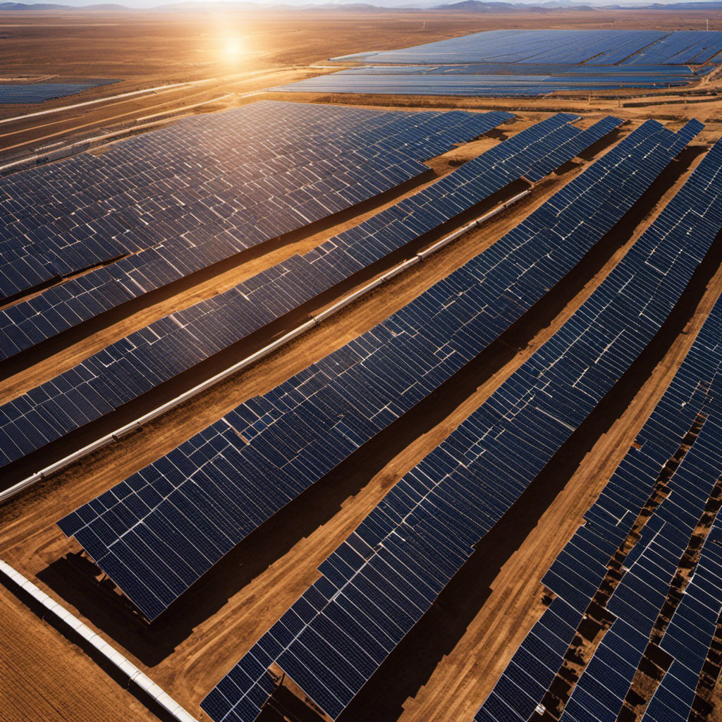 An image showcasing a vast solar power plant, with rows of glistening photovoltaic panels stretching towards the horizon under a clear blue sky, generating clean and abundant electricity