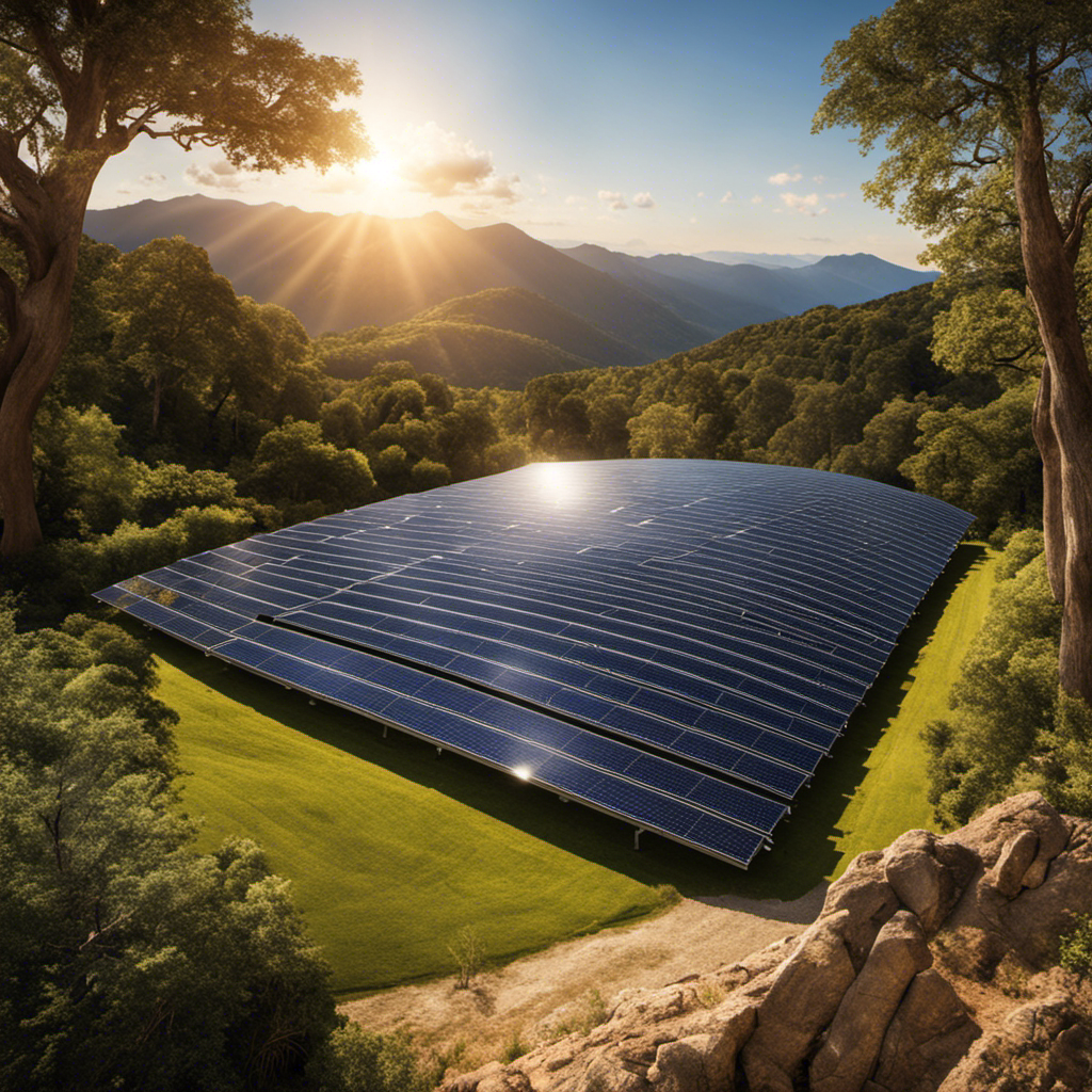 An image showcasing a vast expanse of 15,000 square feet of solar cells, absorbing sunlight and converting it into radiant energy, emitting a warm, golden glow that illuminates the surroundings