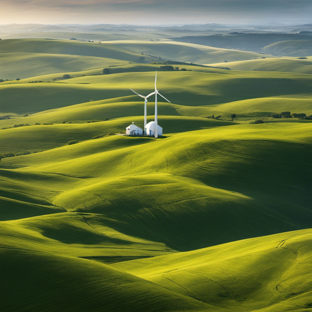 An image depicting a serene landscape with a small wind turbine gracefully spinning atop a rolling hill