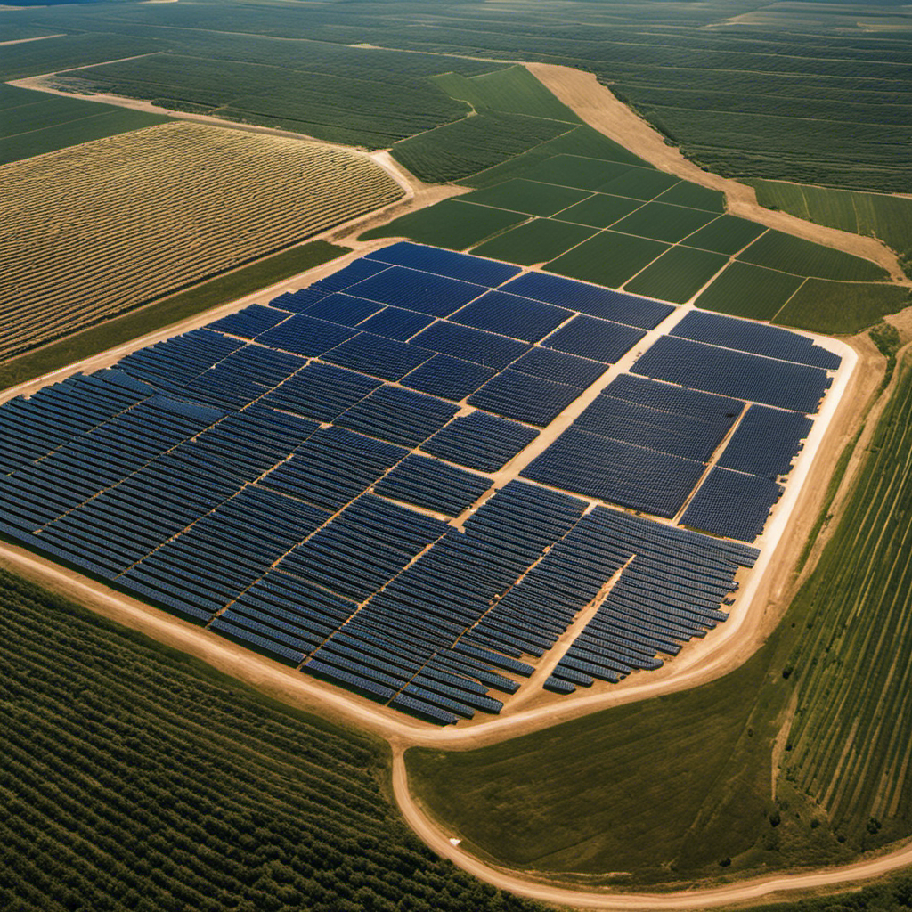 An image showcasing a vast 13-acre solar farm, brimming with neatly aligned solar panels glistening under the sun's rays