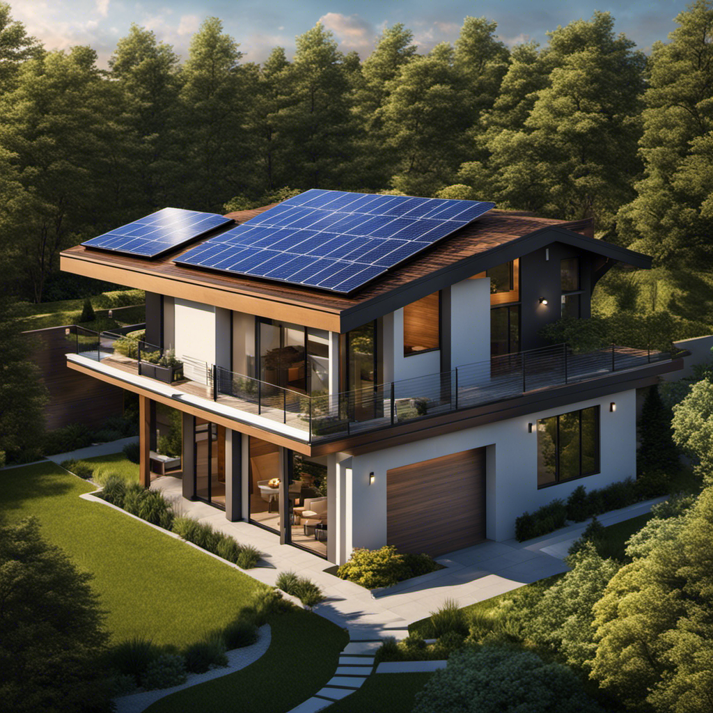 An image showcasing a suburban home with a sleek, angled solar panel installation on its rooftop, basking in the sun's radiant glow