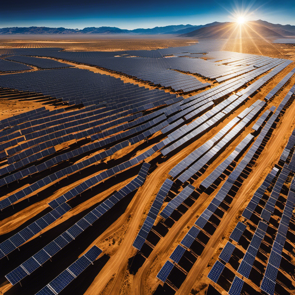 An image showcasing the vast expanse of Nevada Solar One, with rows upon rows of glistening solar panels stretching towards the horizon, harnessing the blazing desert sun to generate immense amounts of clean, renewable energy