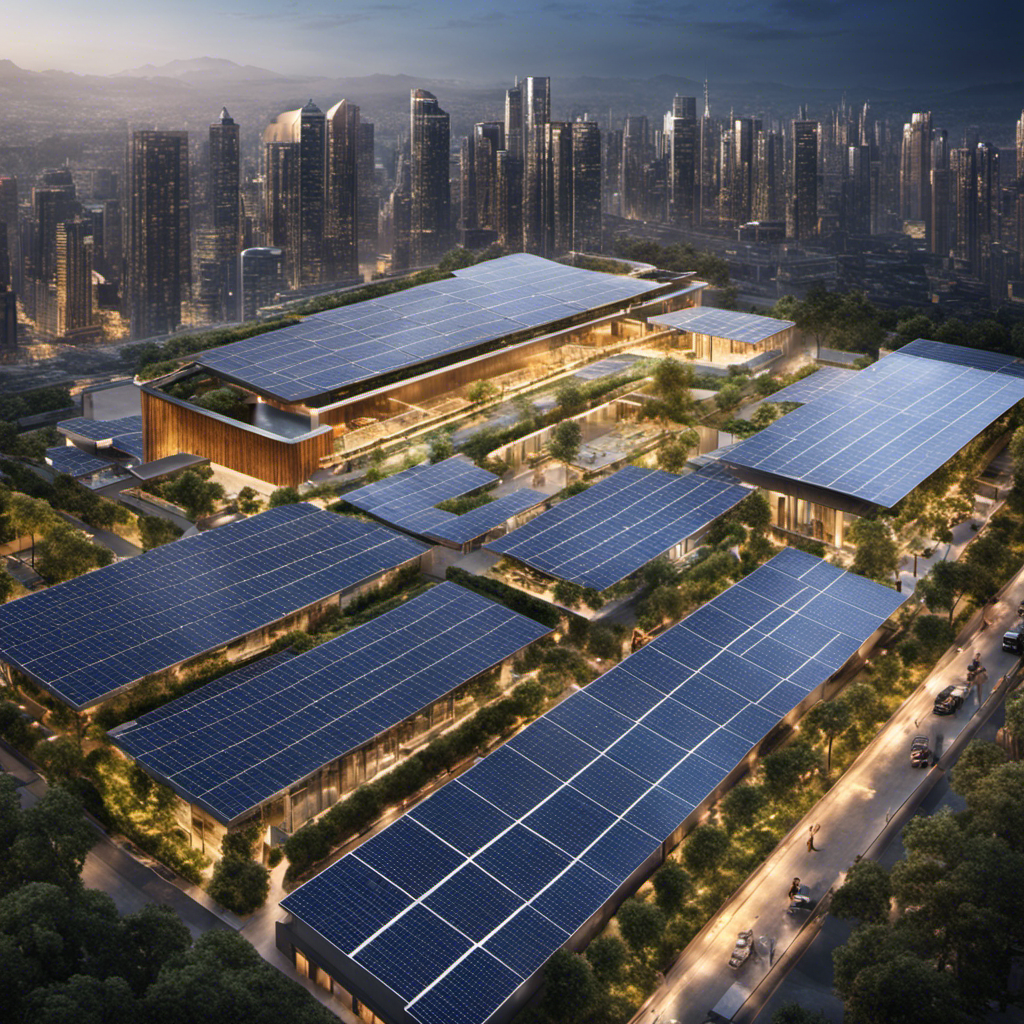 An image depicting a sprawling cityscape with multiple facilities adorned with rooftop solar panel systems
