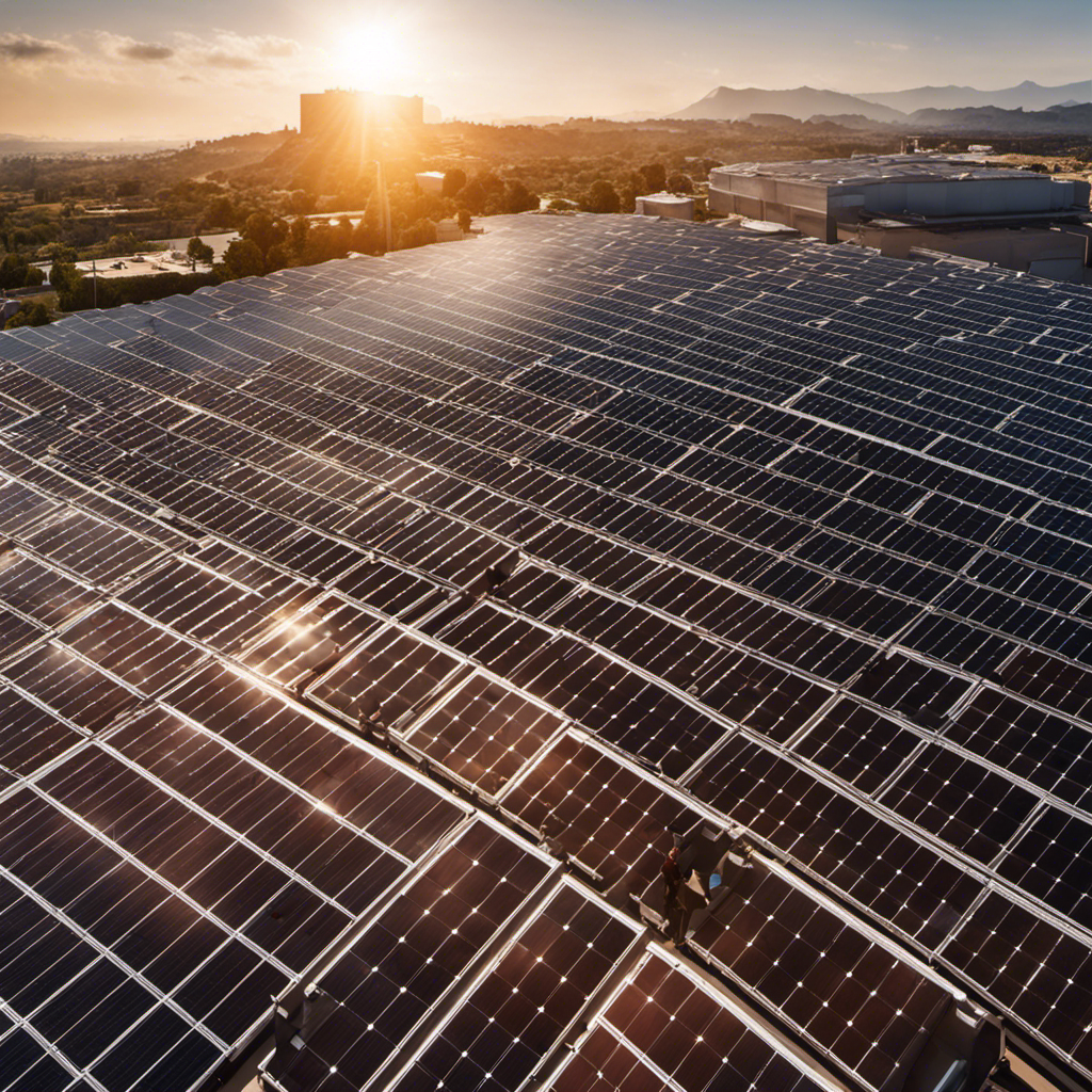 An image showcasing a bright, sunlit rooftop adorned with rows of gleaming solar panels, each panel absorbing radiant energy and converting it into electricity, symbolizing the immense power and potential of solar energy generation
