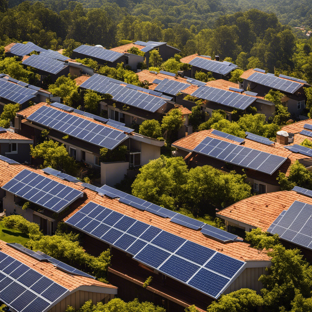 An image showcasing a residential rooftop covered in solar panels, basking in sunlight