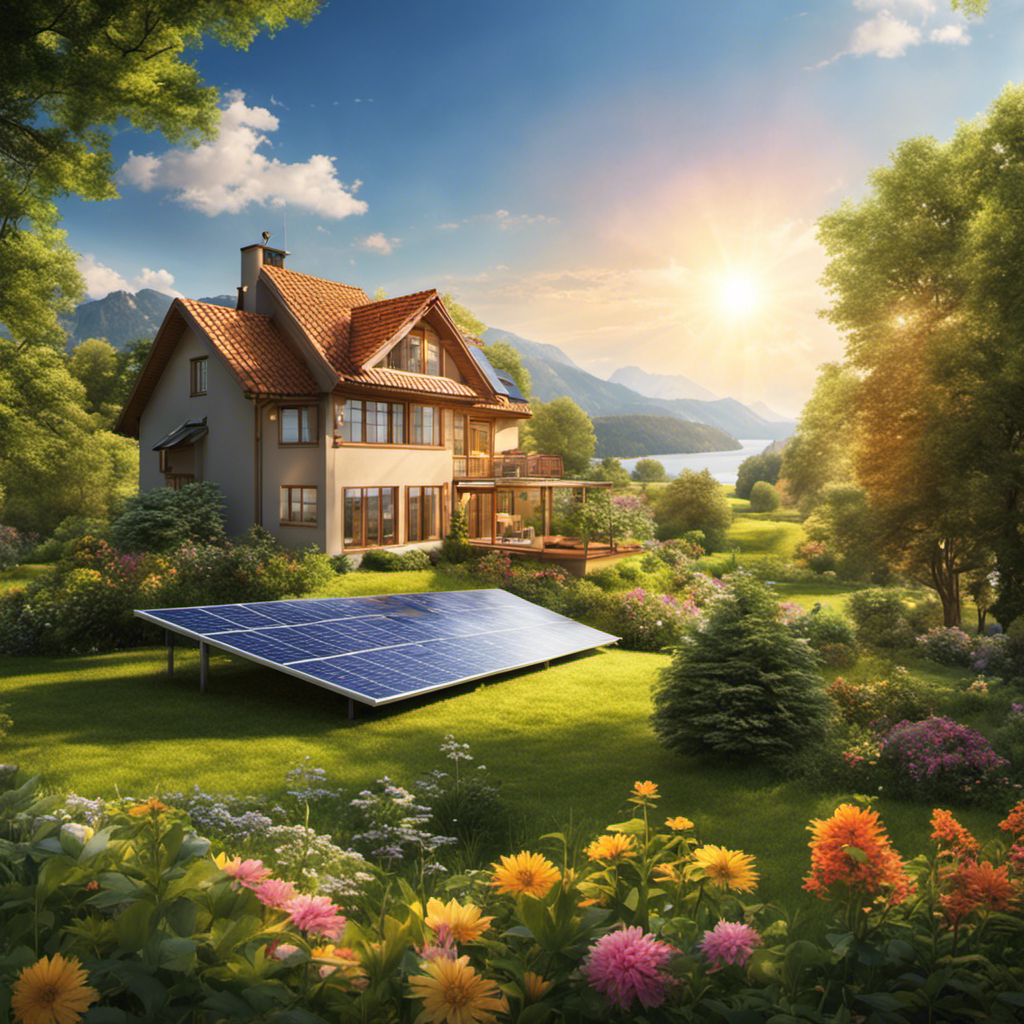 An image showcasing a vibrant summer landscape with a house equipped with solar panels, basking in abundant sunlight