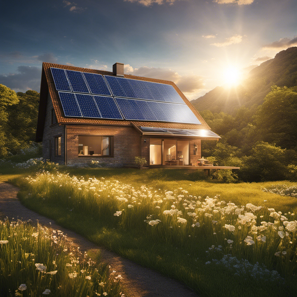 An image showing a sunlit landscape with a house equipped with solar panels