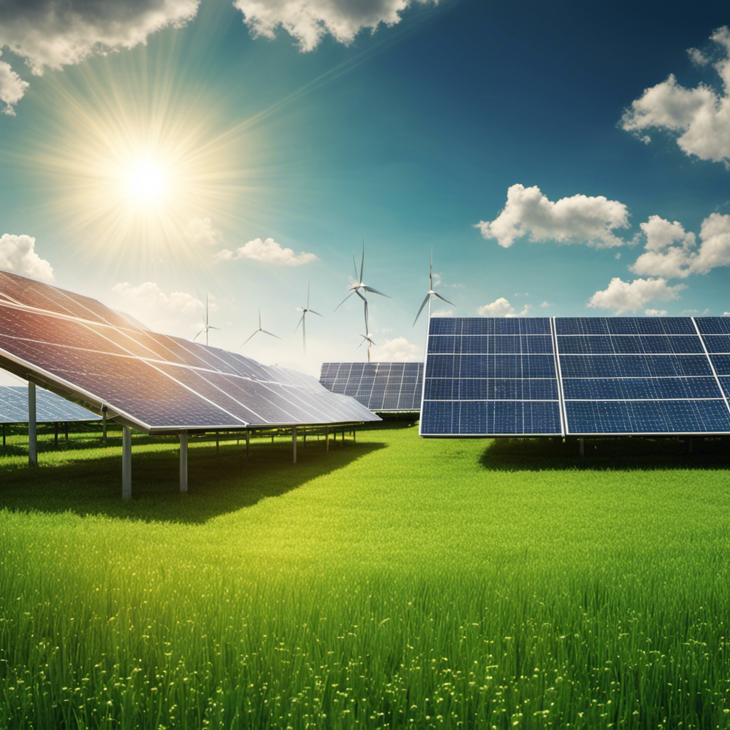 An image showcasing a lush green field with multiple solar panels glistening under the sun's rays, converting sunlight into electricity