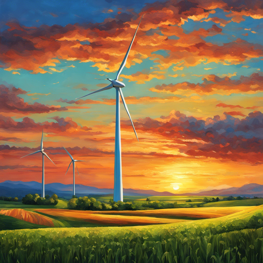 An image that showcases a towering wind turbine spinning gracefully against a vibrant sunset, surrounded by lush green fields and a clear blue sky, symbolizing the immense energy harnessed from the wind