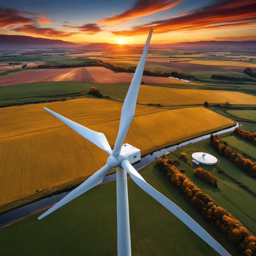 An image showcasing a colossal wind turbine against a vibrant sunset backdrop