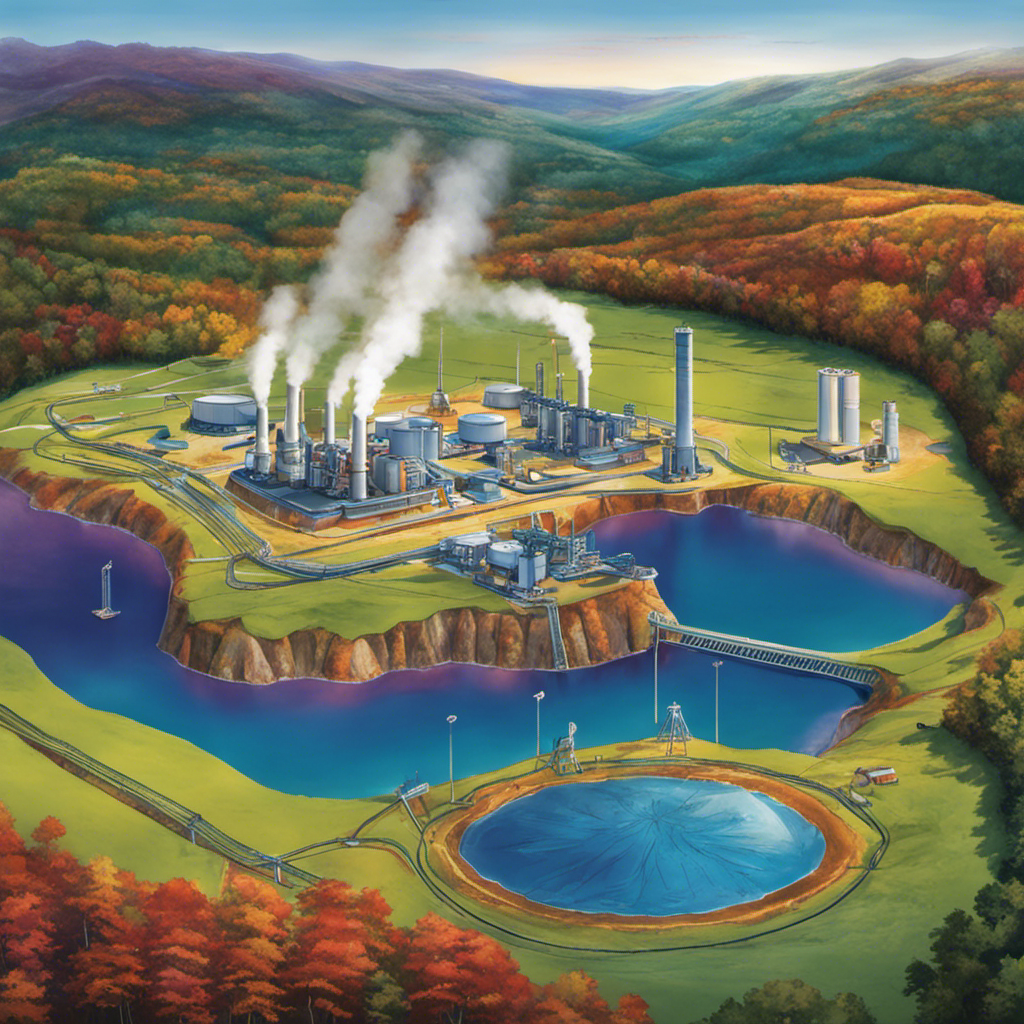 An image showcasing Virginia's geothermal energy production by depicting a vast underground geothermal reservoir with multiple drilling sites, using vibrant colors and intricate geological formations to highlight the abundant energy potential