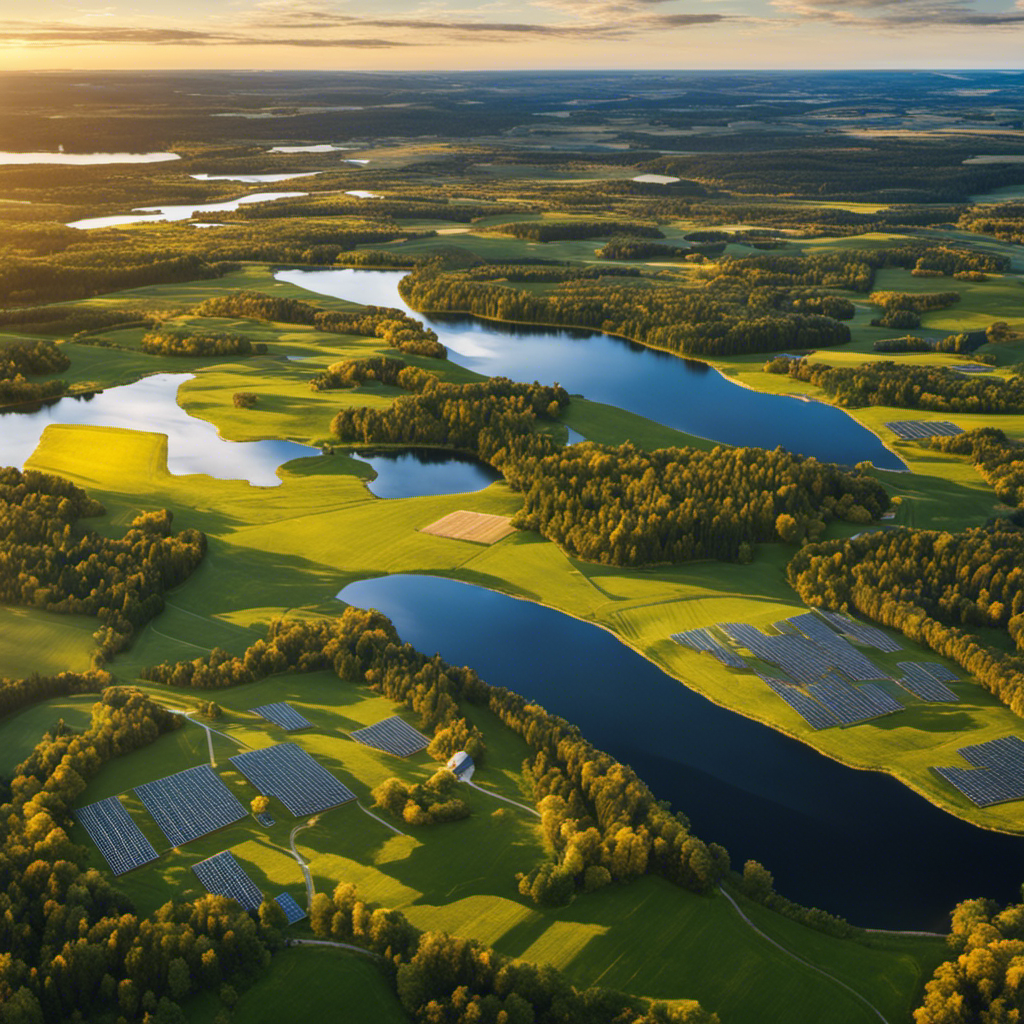 An image showcasing the vast expanse of Sweden's serene countryside, adorned with countless solar panels glistening under the summer sun, harnessing renewable energy to power a sustainable future