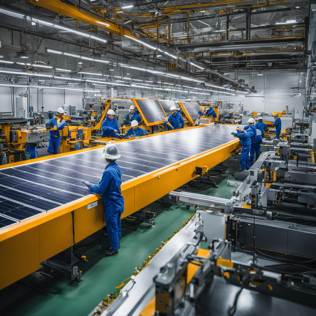 An image showcasing intricate machinery at a solar panel manufacturing plant, with workers assembling panels under fluorescent lighting