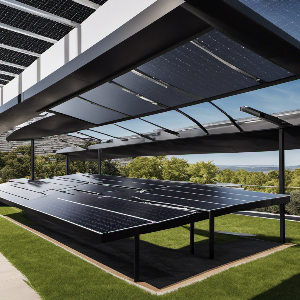 An image showcasing a spacious rooftop covered in sleek, black solar panels glistening under the sun's rays