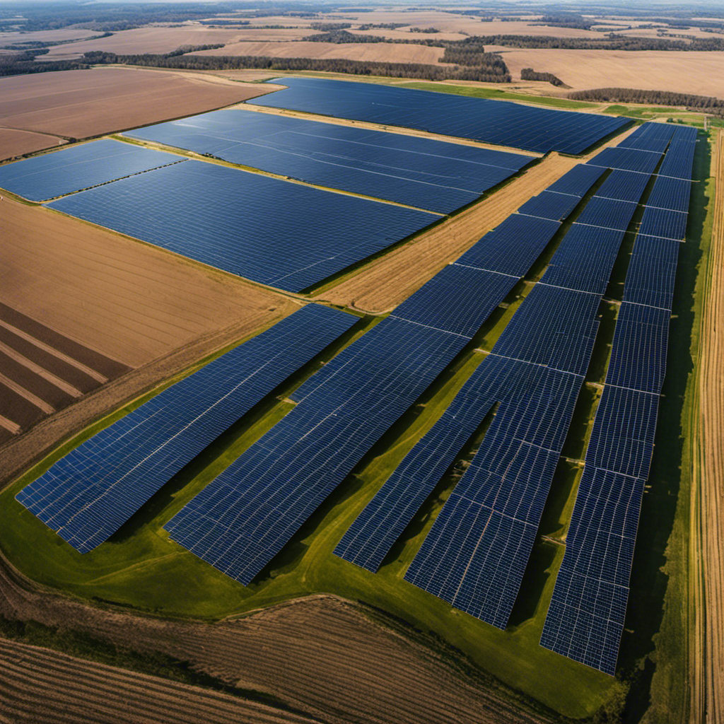 An image showcasing a sprawling solar farm with rows of sleek, photovoltaic panels reflecting the sunlight