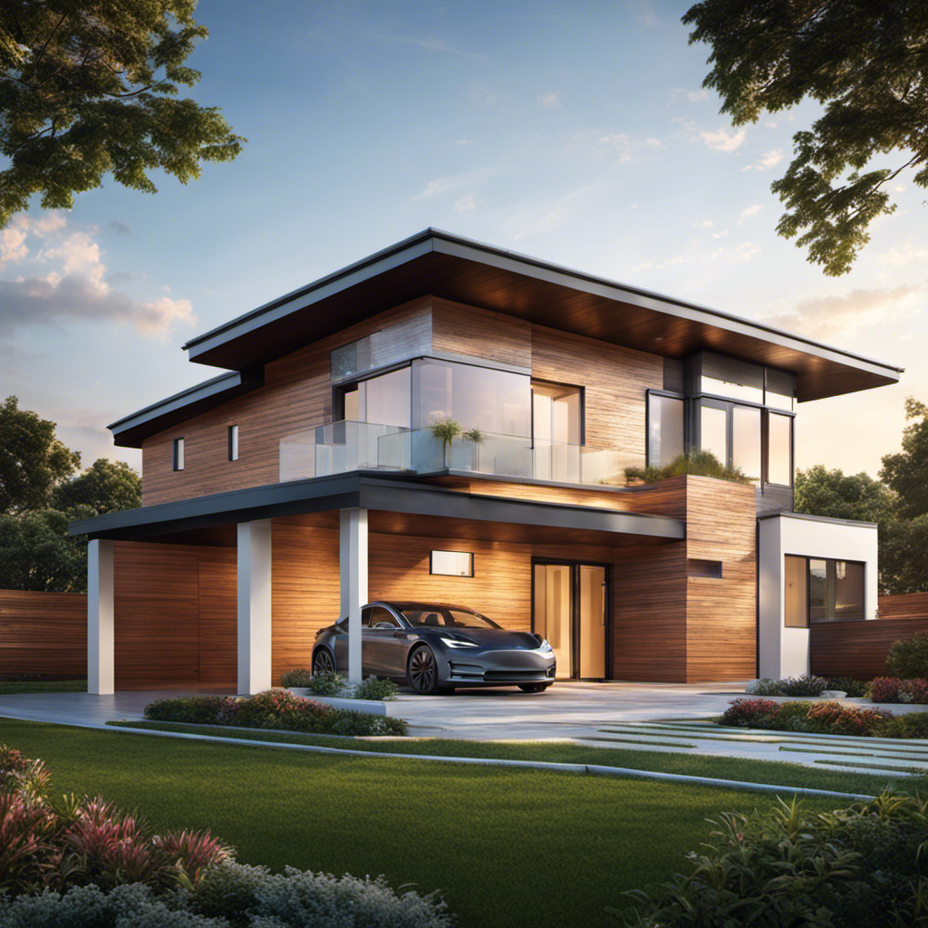 An image showcasing a sunny suburban rooftop adorned with Tesla's sleek Solar Roof, its photovoltaic tiles capturing the vibrant sunlight, converting it into clean, renewable energy to power the entire house