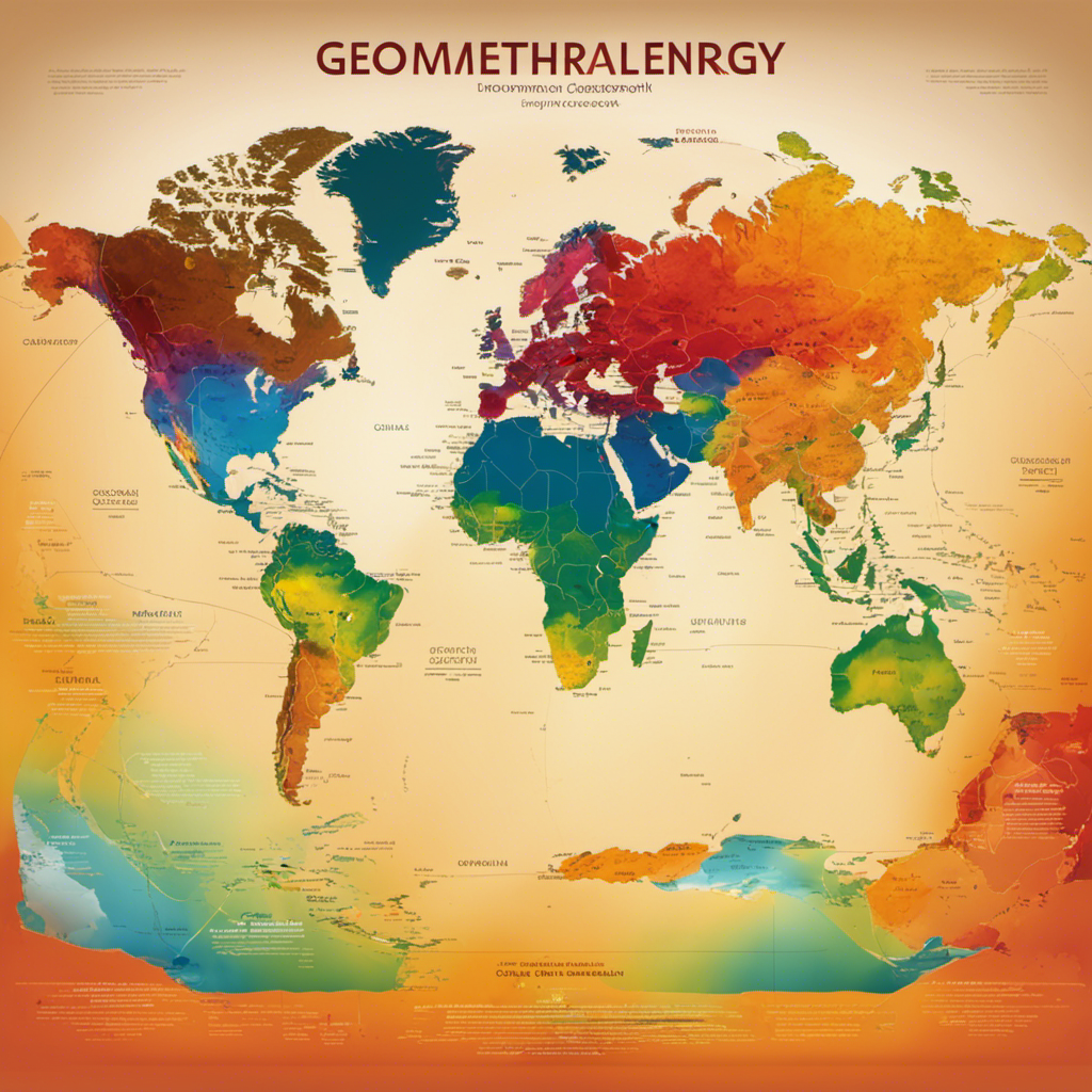 An image showcasing a vibrant global map, with highlighted regions emitting warm hues representing the amount of geothermal energy utilized worldwide