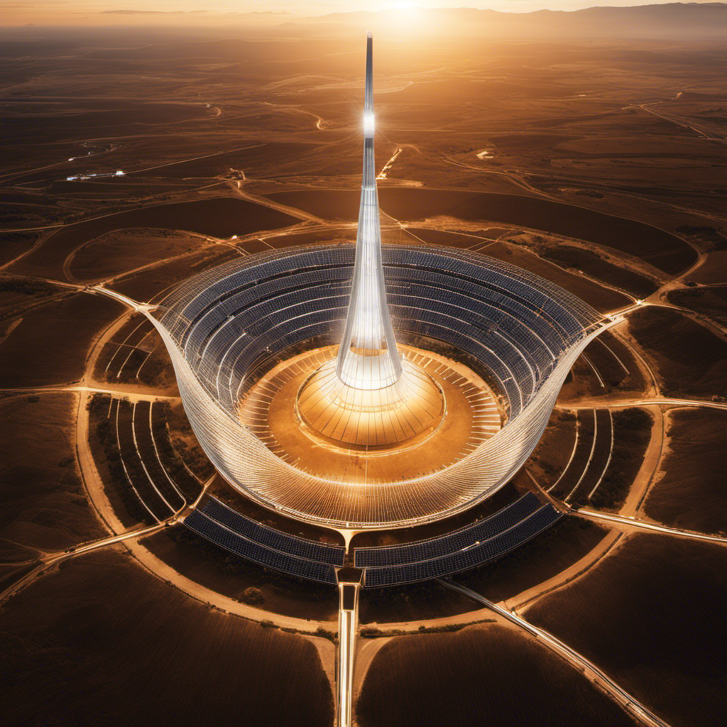An image showcasing a towering structure surrounded by an expansive solar field, capturing the immense capacity of a power tower to store hours of energy in concentrated solar power