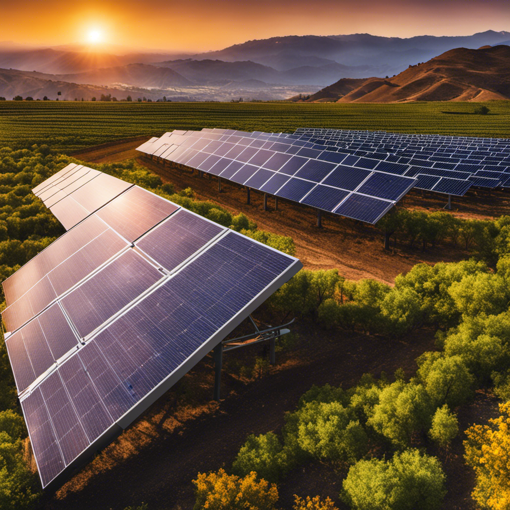 An image showcasing a vibrant California landscape with rows of solar panels stretching towards the horizon, capturing the state's commitment to renewable energy