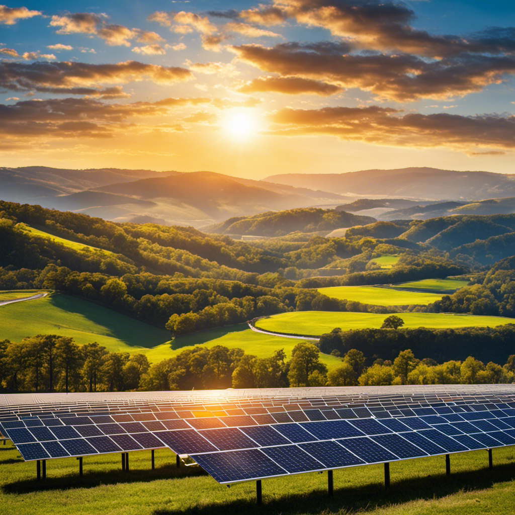 An image showcasing a vibrant solar farm against a backdrop of rolling hills, with dozens of solar panels glistening under the sun