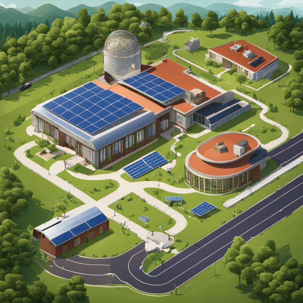 An image that depicts a school building surrounded by a geothermal energy system, showcasing the underground piping network, heat pumps, and a solar panel array