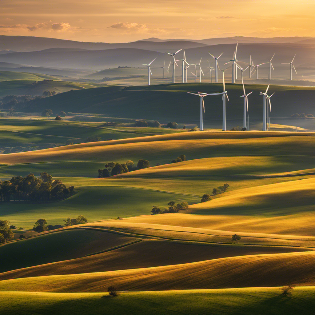An image showcasing a vast expanse of rural land dotted with towering wind turbines, their sleek white blades spinning gracefully amidst a backdrop of rolling hills, as sunlight bathes the landscape in a warm golden glow