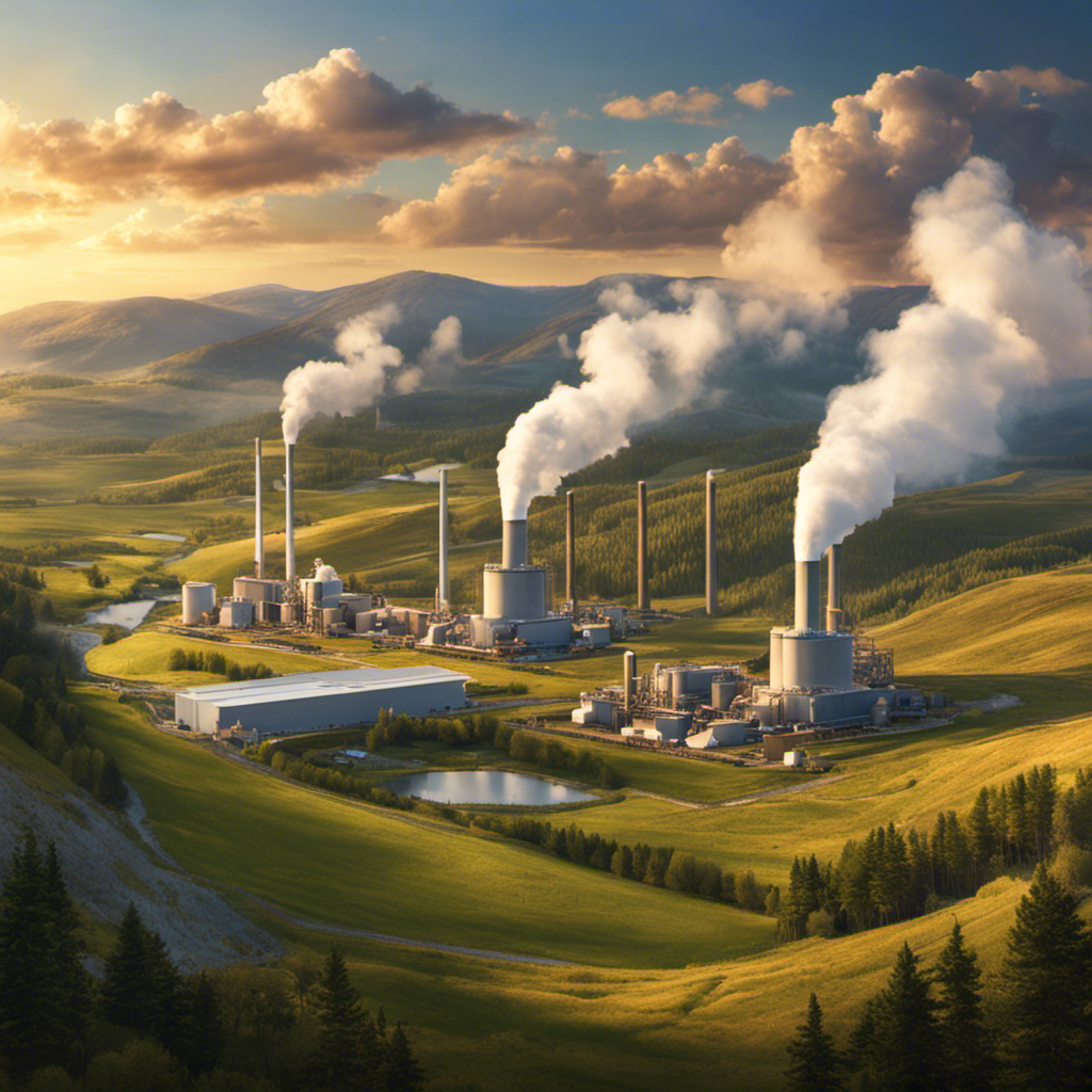 An image depicting America's energy landscape, showcasing vast geothermal power plants nestled amidst rolling hills