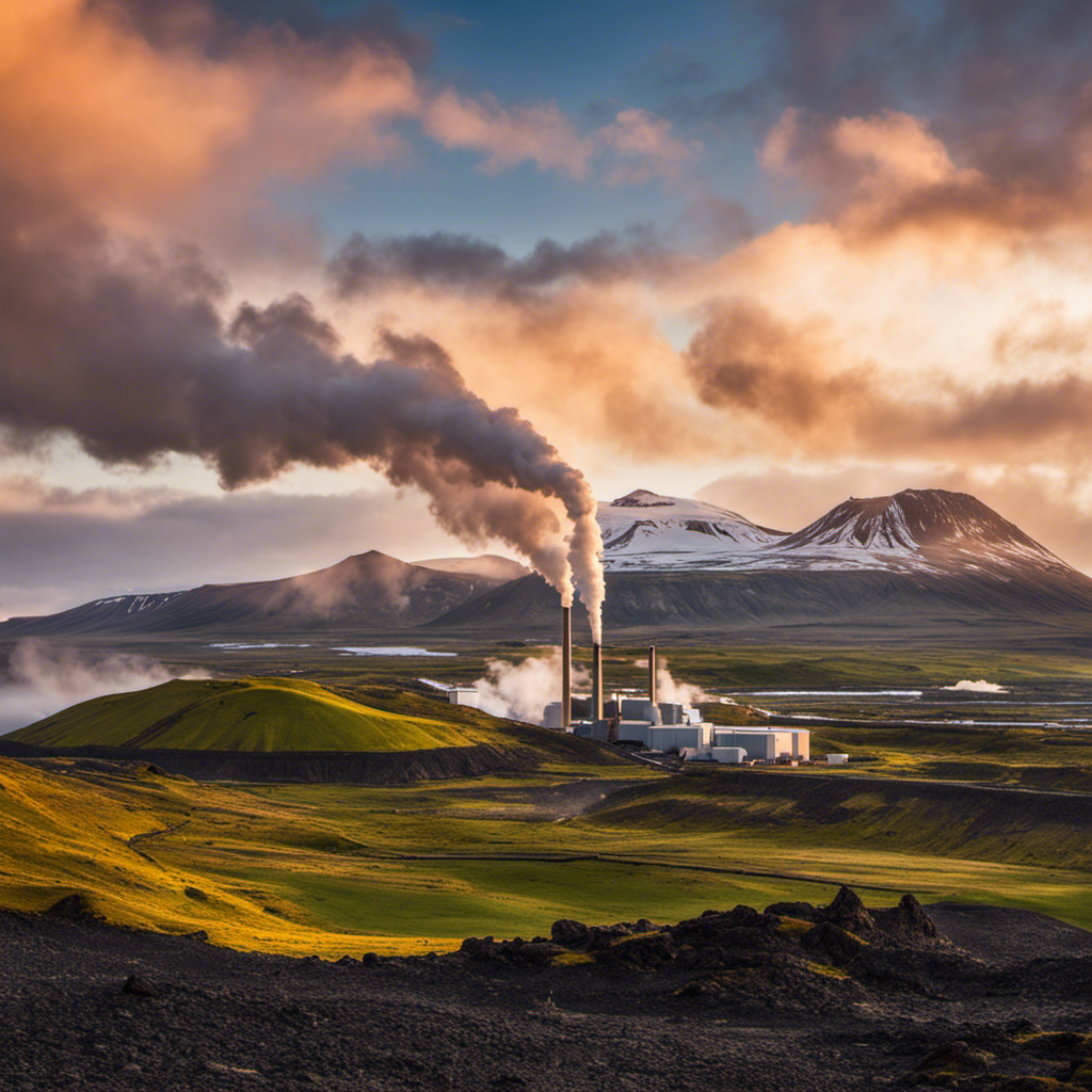 An image showcasing Iceland's stunning landscape, with volcanic mountains in the background and a geothermal power plant in the foreground
