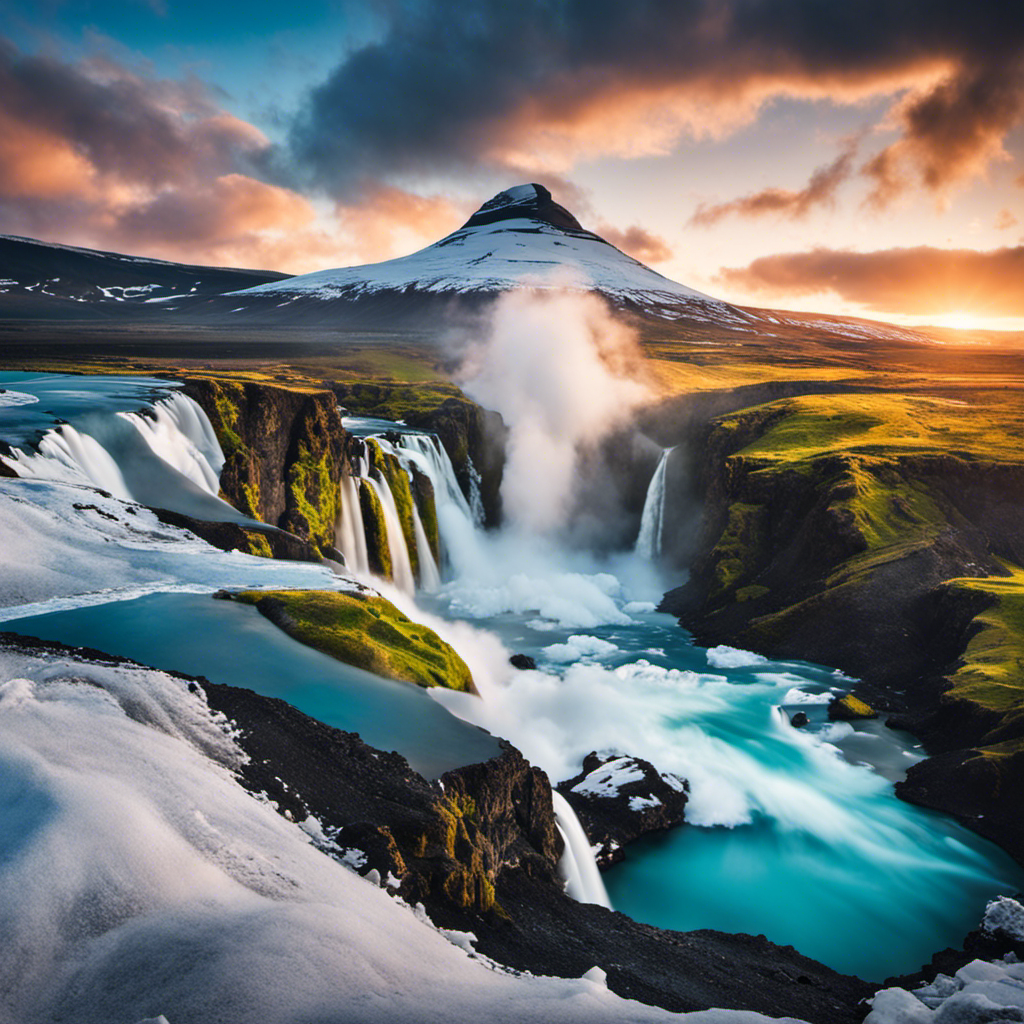 An image showcasing the contrasting landscapes of Iceland, with a vivid depiction of geothermal power plants nestled amidst the dramatic volcanic terrain, emitting plumes of steam against a backdrop of glaciers and cascading waterfalls