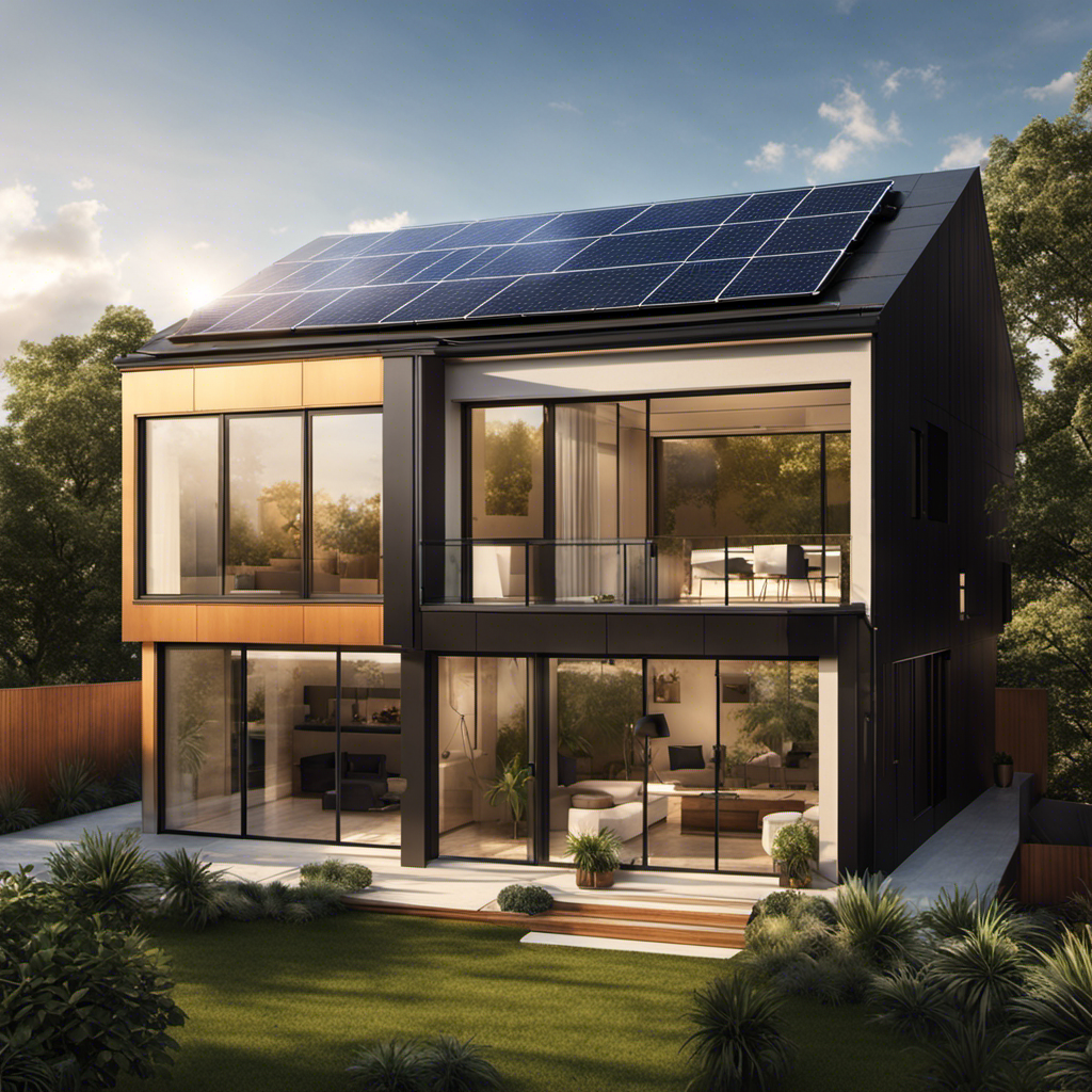 An image depicting a vibrant, sunlit residential rooftop adorned with sleek, black solar panels, seamlessly integrated into the architecture