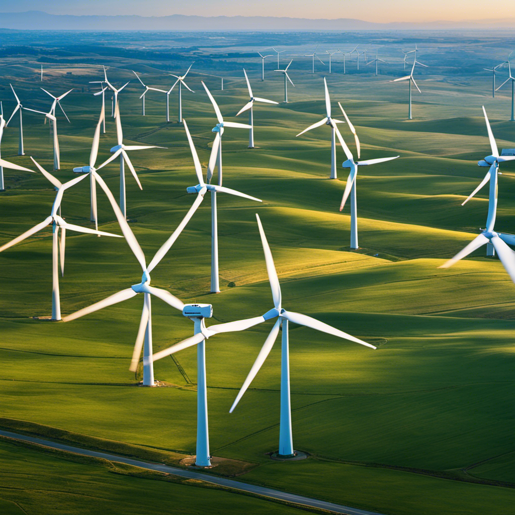 An image showcasing a majestic field of wind turbines gracefully spinning in a vast landscape, their colossal blades slicing through the air, capturing the invisible power of wind and converting it into clean, renewable electricity