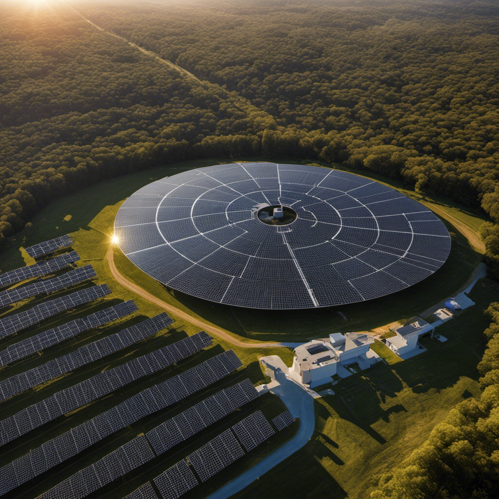 An image showcasing a large solar panel array, with the sun radiating intense rays onto them, while efficiently converting sunlight into electricity to power a display showing 2490 kWh, symbolizing the immense power of solar energy