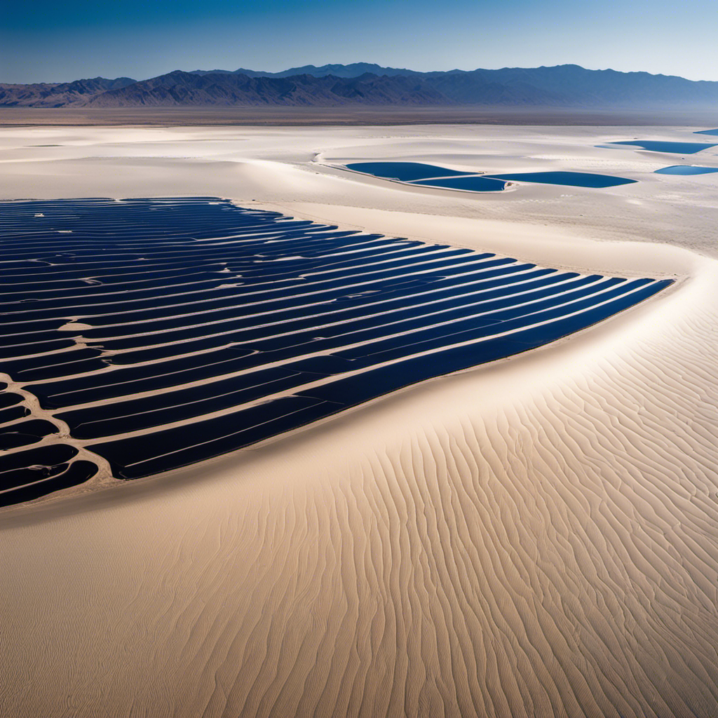 An image showcasing the vast expanse of the Crescent Dunes Solar Energy Project, capturing the shimmering white salt beds contrasting against the deep blue sky, symbolizing the massive salt usage in this innovative solar project