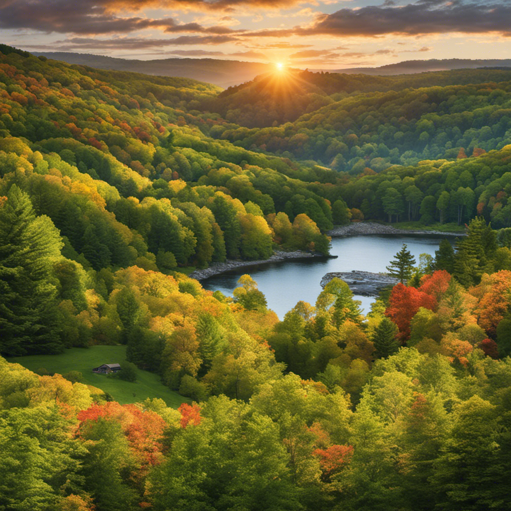 An image showcasing a panoramic view of New England's picturesque landscape, with lush green forests, rolling hills, and vibrant coastal areas, infused with abundant sunlight