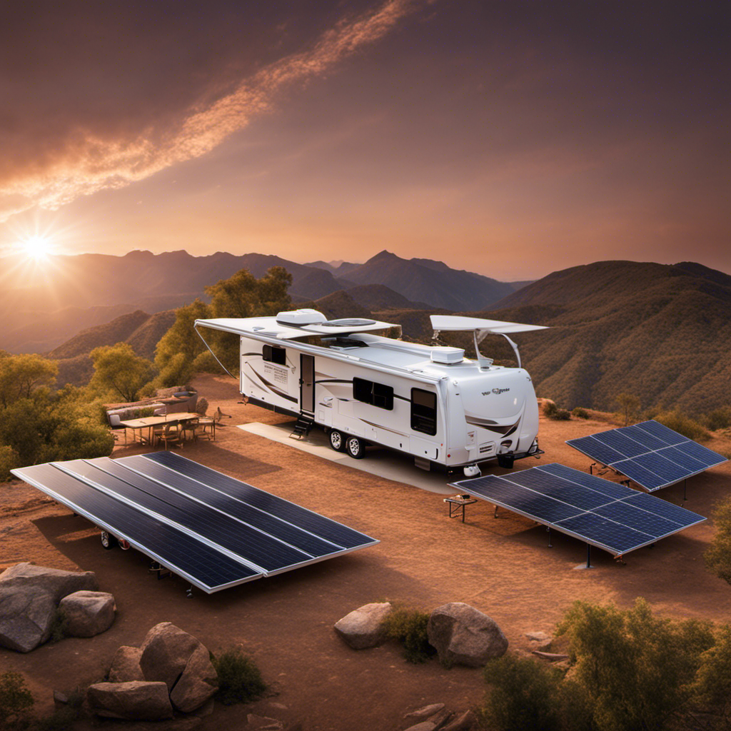 An image showcasing a spacious RV roof adorned with multiple large solar panels, efficiently harnessing the sun's vibrant rays