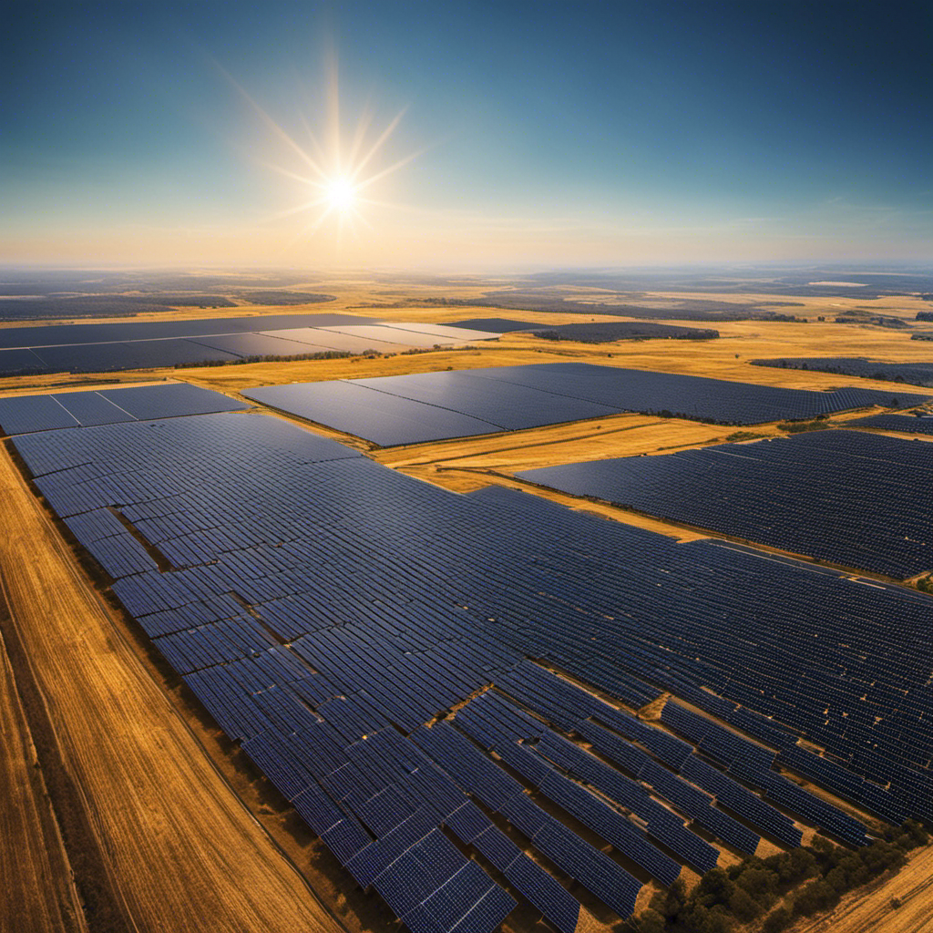 An image showcasing a vast expanse of land, divided into square miles, each radiating with vibrant solar panels glistening under the sun's rays