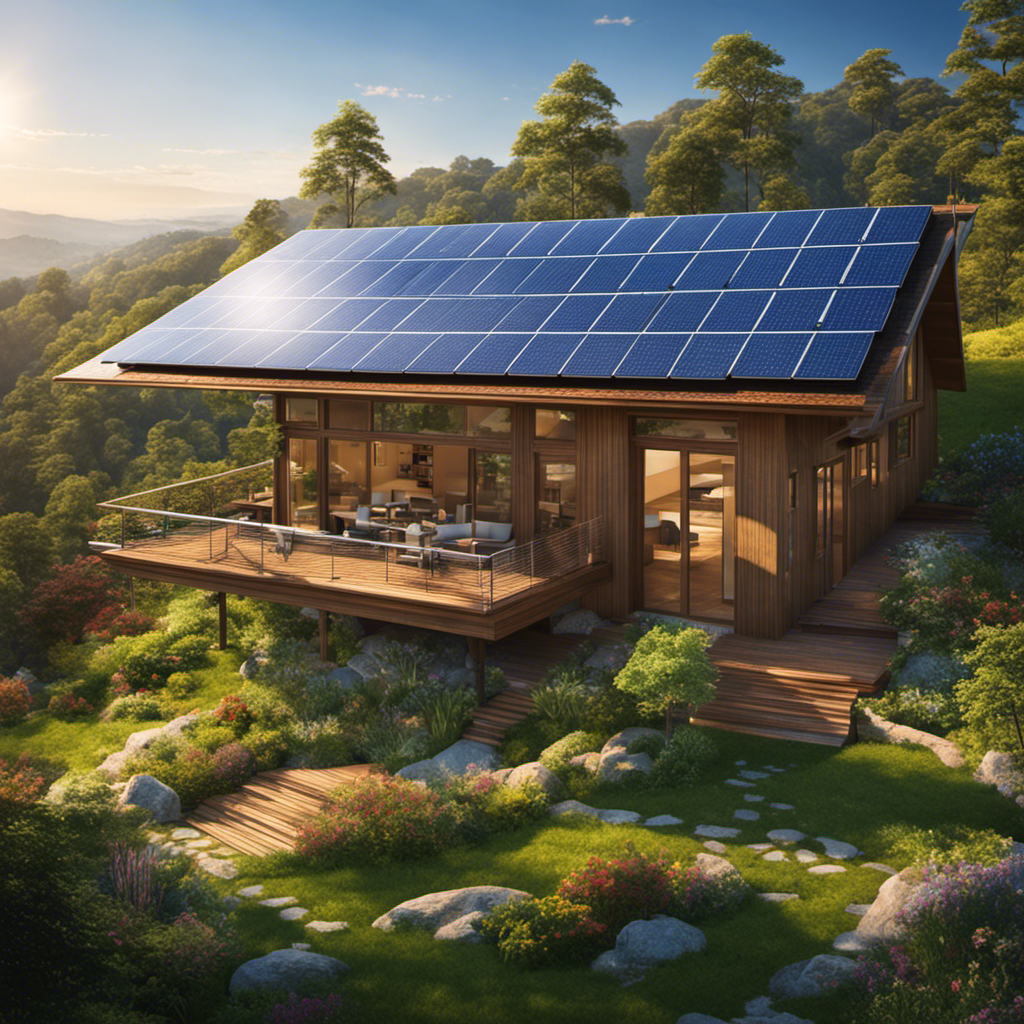 An image showcasing a sprawling, sun-drenched landscape dotted with a network of solar panels, powering a remote home nestled among lush greenery