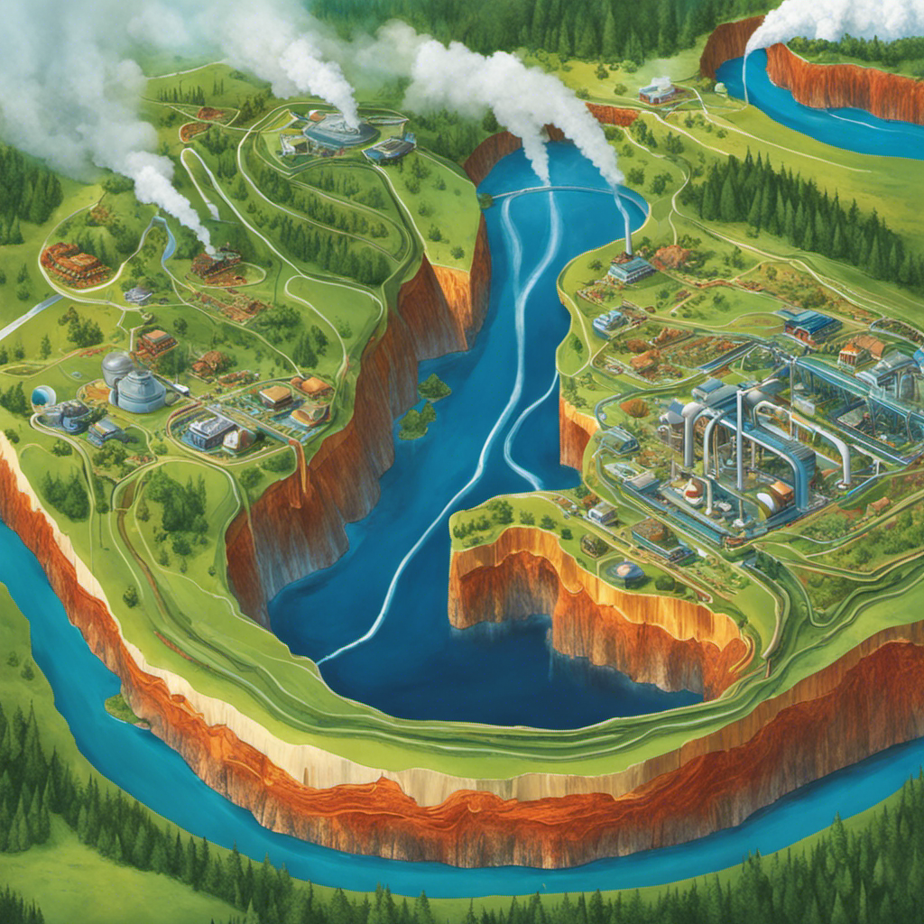 An image showcasing Earth's cross-section, revealing the vibrant, interconnected network of geothermal power plants beneath the surface