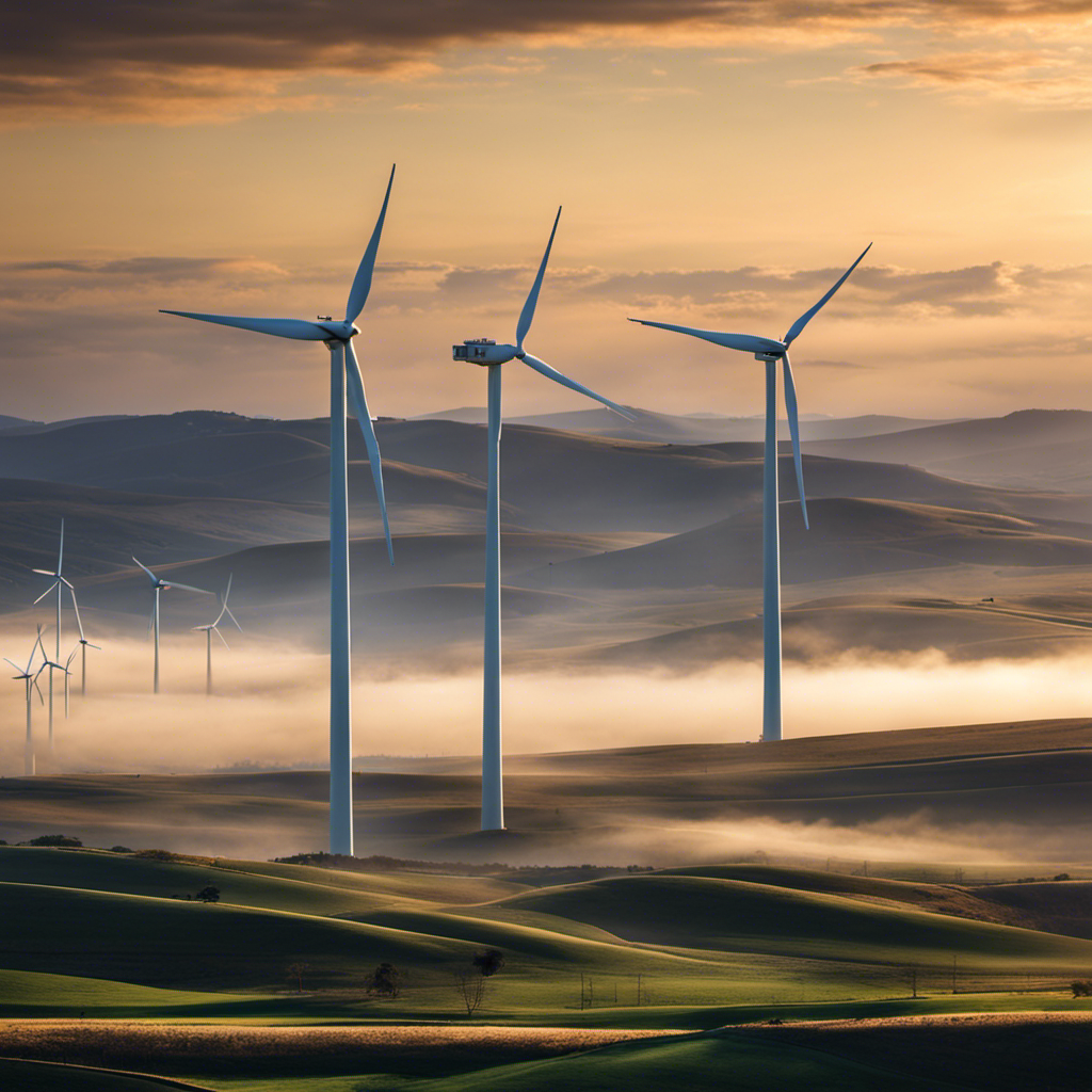 An image showcasing a vast, open landscape with multiple wind turbines majestically towering above, their elegant blades gracefully spinning, harnessing the power of the wind and generating clean, renewable energy