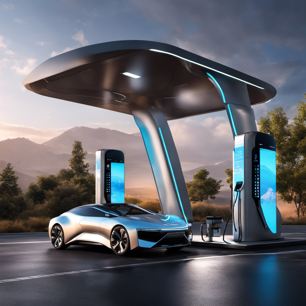 An image showcasing a futuristic hydrogen fuel station, with sleek pumps, state-of-the-art tanks, and a dazzling array of colors indicating various pricing options, conveying the concept of cost and accessibility