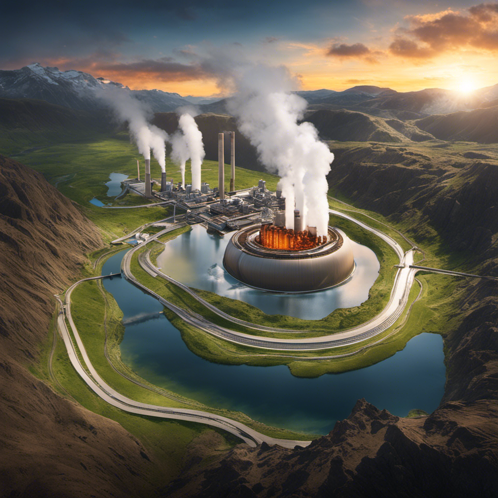 An image showcasing a geothermal power plant with multiple towering structures extracting steam from underground reservoirs, while a river flows nearby, symbolizing the immense water usage involved in harnessing geothermal energy
