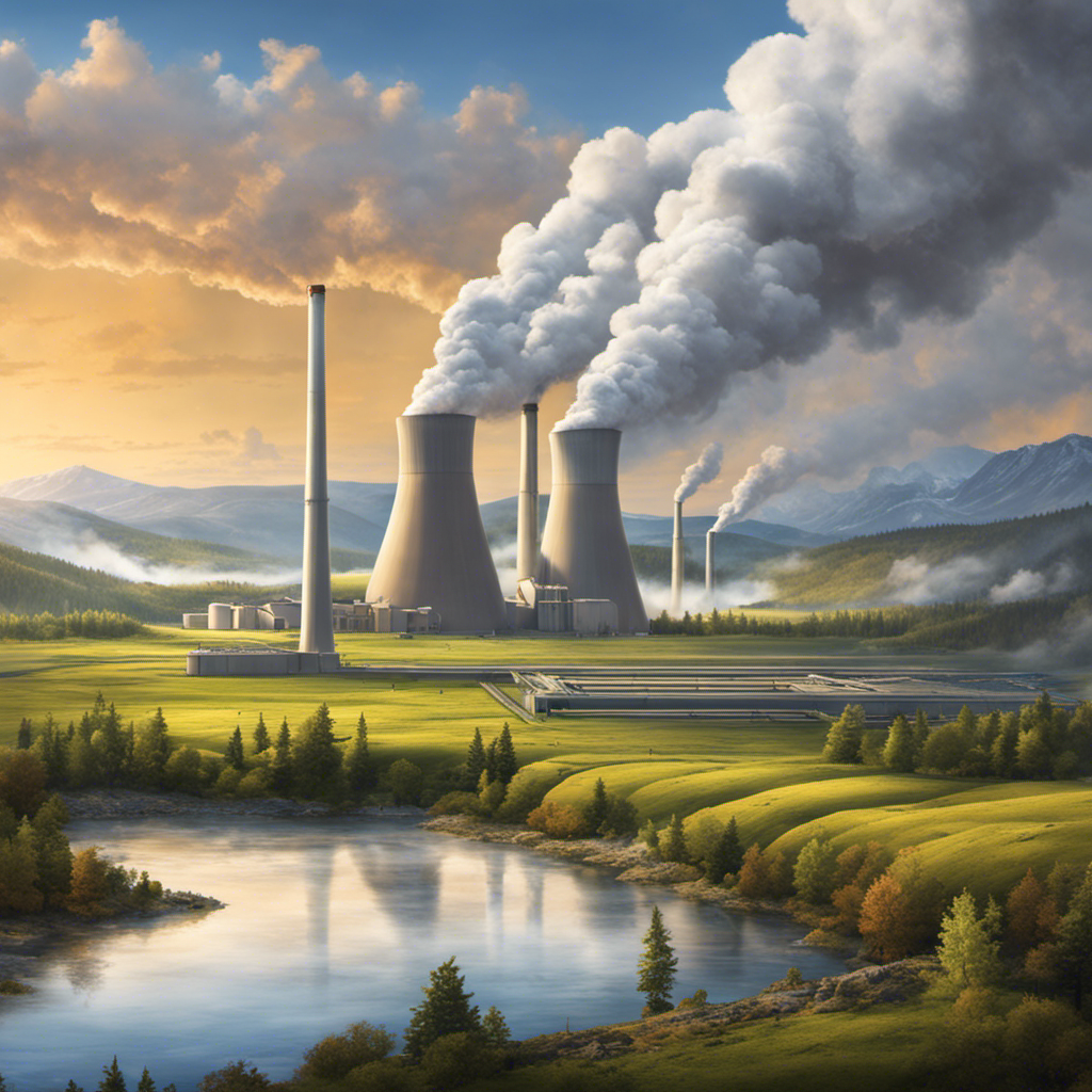 An image depicting a serene landscape with a geothermal power plant seamlessly blending into the surroundings