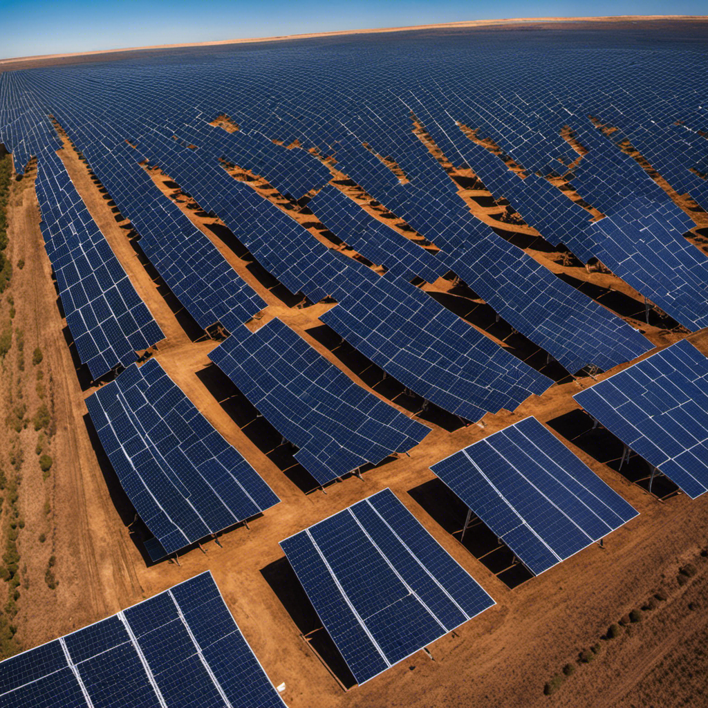 An image showcasing a vast landscape with rows of solar panels stretching towards the horizon, surrounded by a vibrant blue sky