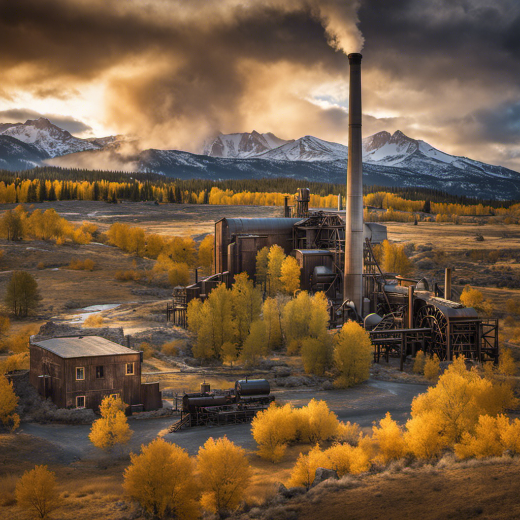 An image capturing the rich history of the geothermal energy plant at Mammoth Lakes: depict the aged machinery, weathered structures, and layers of time merging with the surrounding natural landscape