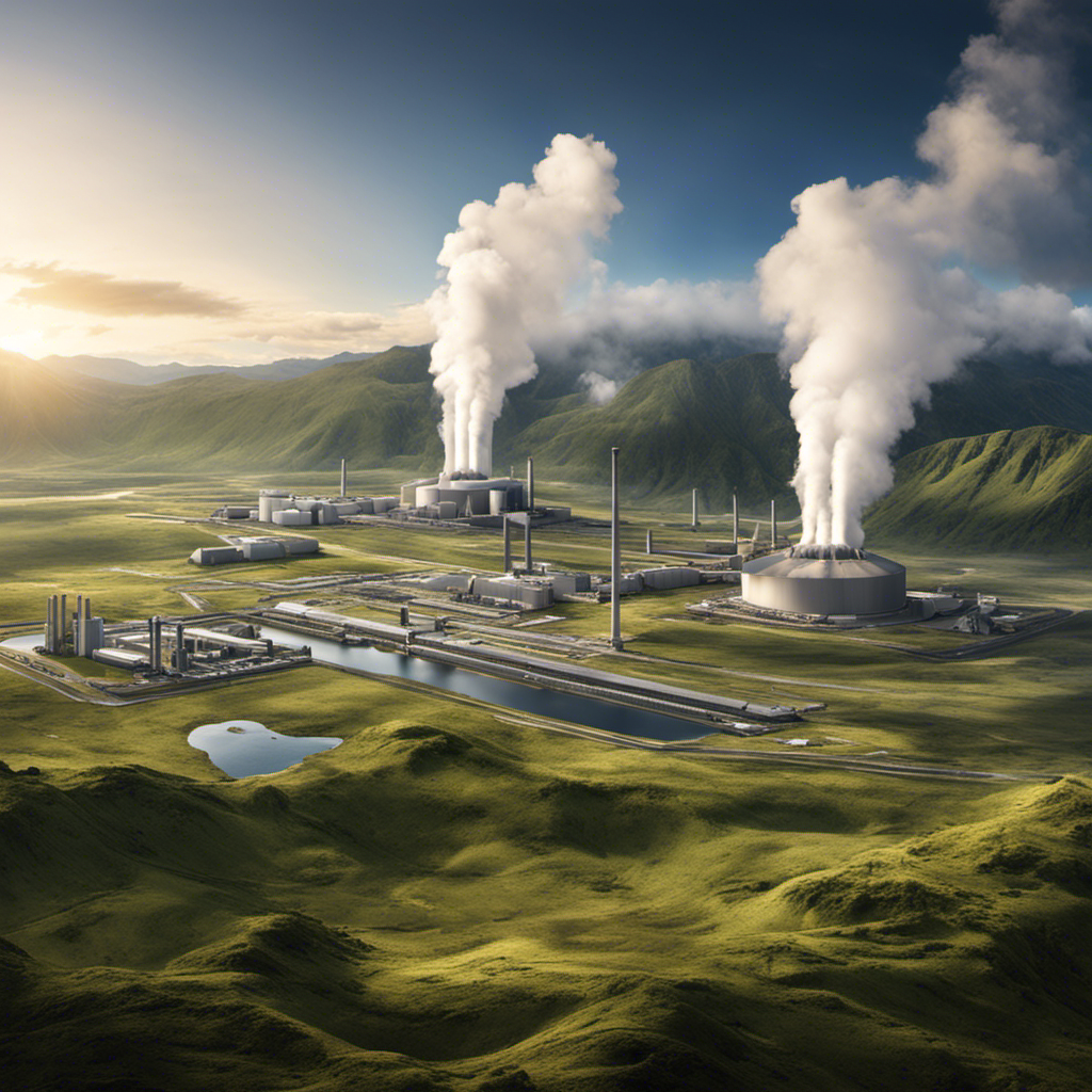 An image that portrays a vast landscape of geothermal power plants seamlessly blending into the natural environment, conveying the transformative impact of favorable policies on geothermal energy utilization
